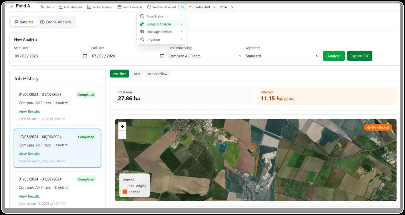 OMEGA claims dashboard showing an insured field with the damaged area delineated and quantified in hectares